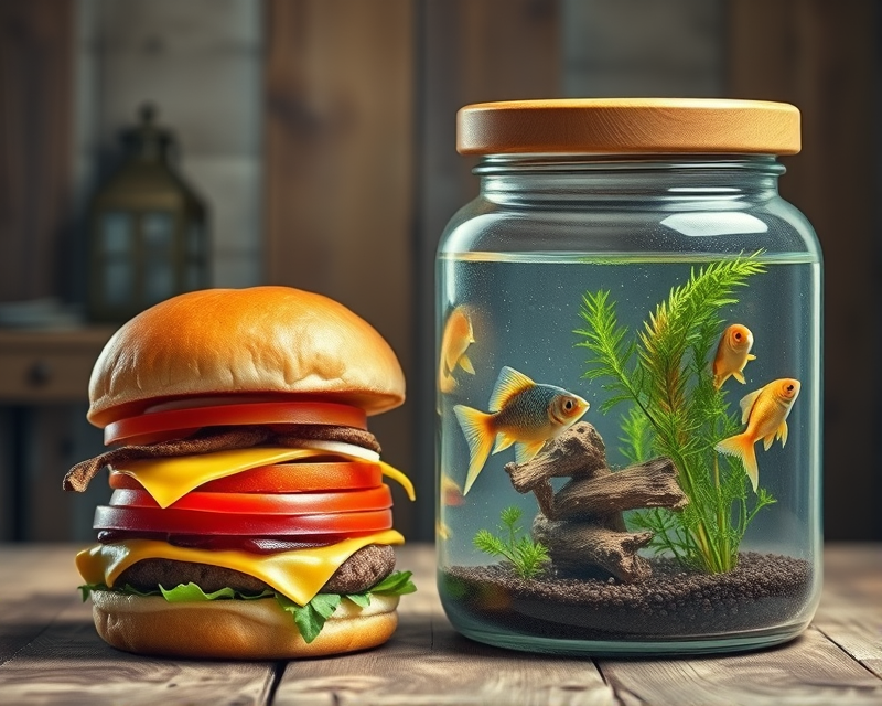 jar, hamburger, fish tank